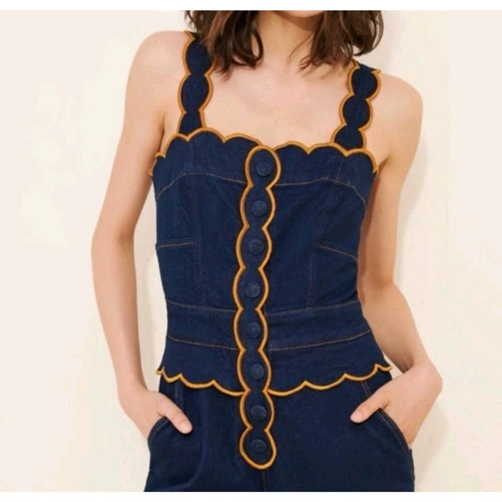 Farm Rio Dark Denim Jumpsuit Wavy Scalloped Sleeveless Cutout Back Wide Leg Sz M